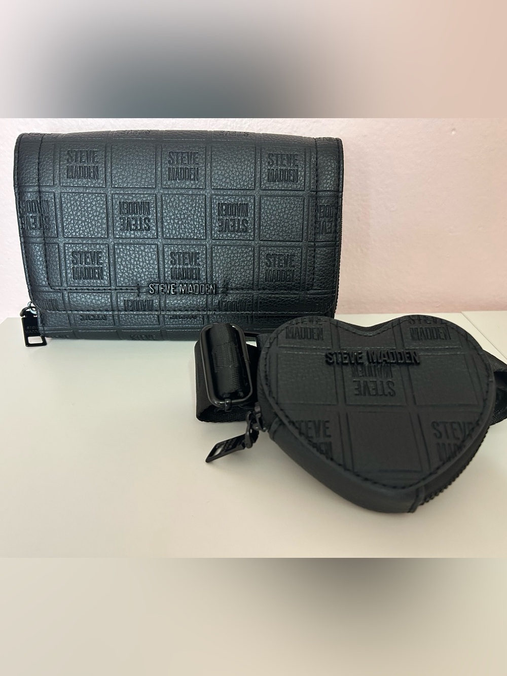 Steve Madden Black Quilted Logo Crossbody with Heart Coin Pouch